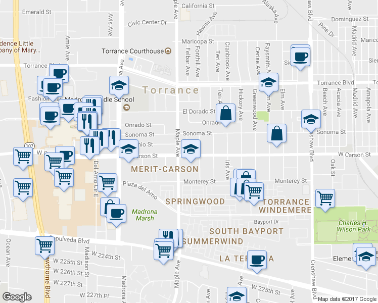 map of restaurants, bars, coffee shops, grocery stores, and more near in Torrance