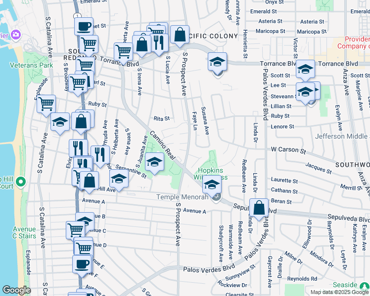 map of restaurants, bars, coffee shops, grocery stores, and more near 900 Camino Real in Redondo Beach