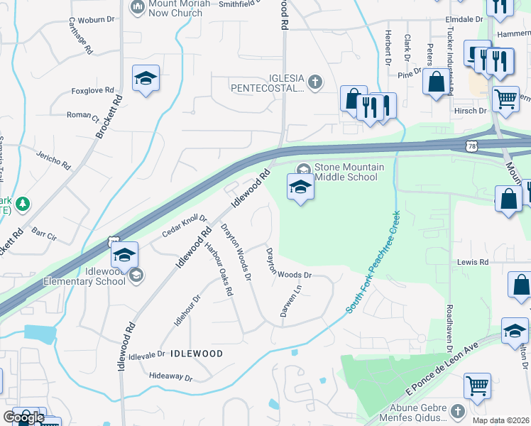 map of restaurants, bars, coffee shops, grocery stores, and more near 1684 Brantford Drive in Tucker