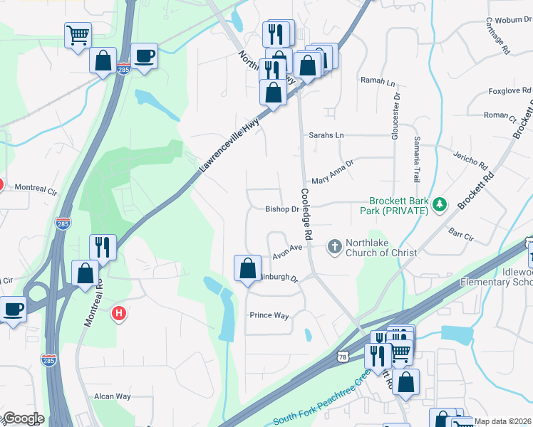 map of restaurants, bars, coffee shops, grocery stores, and more near 3647 Bishop Drive in Tucker