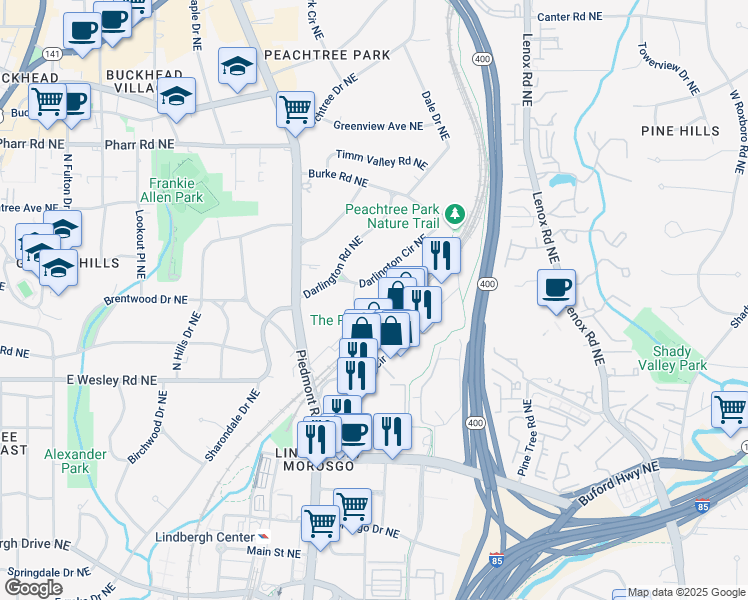 map of restaurants, bars, coffee shops, grocery stores, and more near 630 Darlington Commons Court Northeast in Atlanta