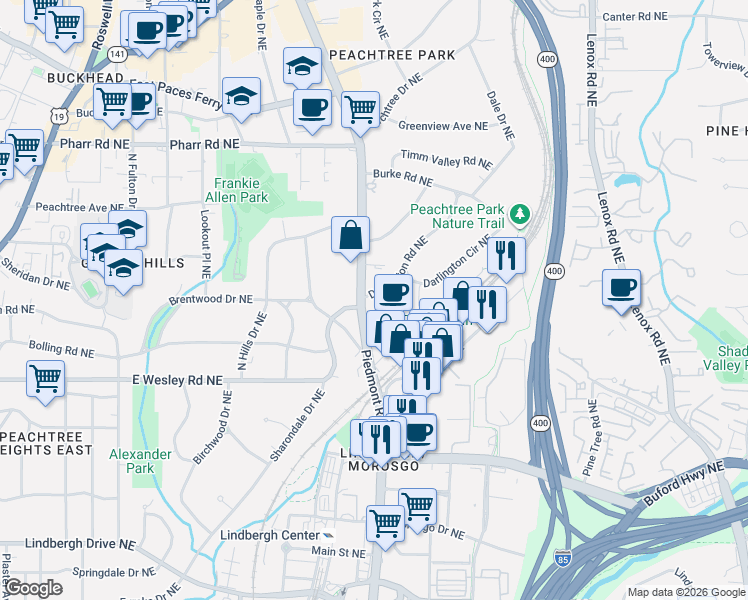 map of restaurants, bars, coffee shops, grocery stores, and more near 2799 Piedmont Road Northeast in Atlanta
