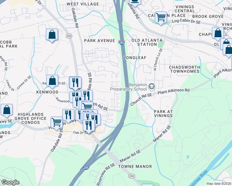 map of restaurants, bars, coffee shops, grocery stores, and more near 2358 Whiteoak Way Southeast in Smyrna