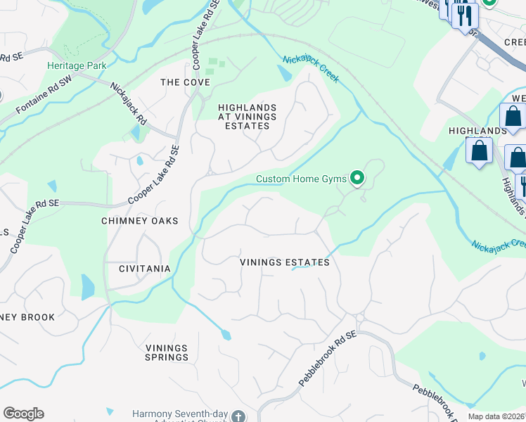 map of restaurants, bars, coffee shops, grocery stores, and more near 648 Vinings Estates Drive Southeast in Mableton