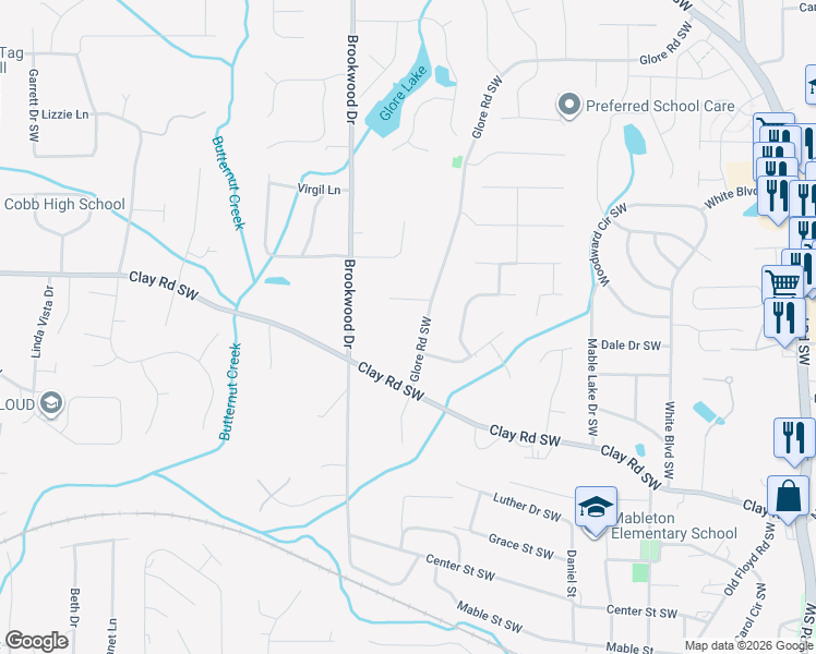 map of restaurants, bars, coffee shops, grocery stores, and more near 5050 Glore Road Southwest in Mableton