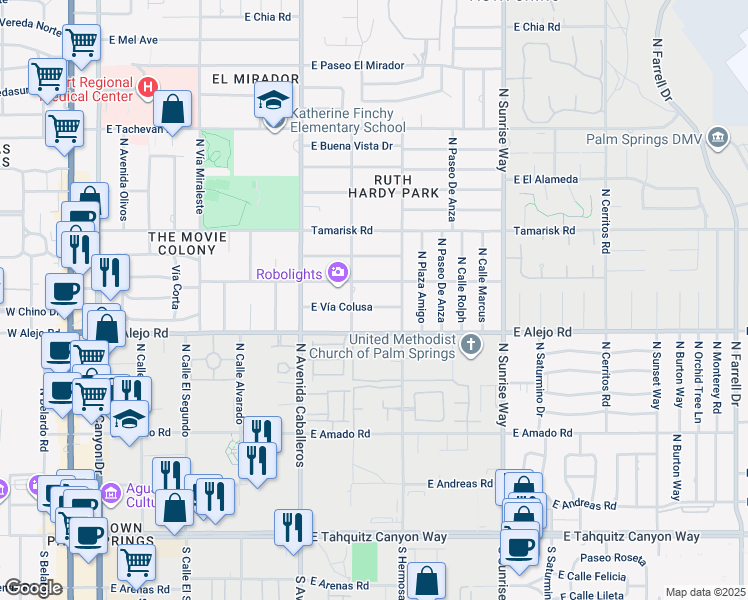 map of restaurants, bars, coffee shops, grocery stores, and more near 1150 East Vía Colusa in Palm Springs