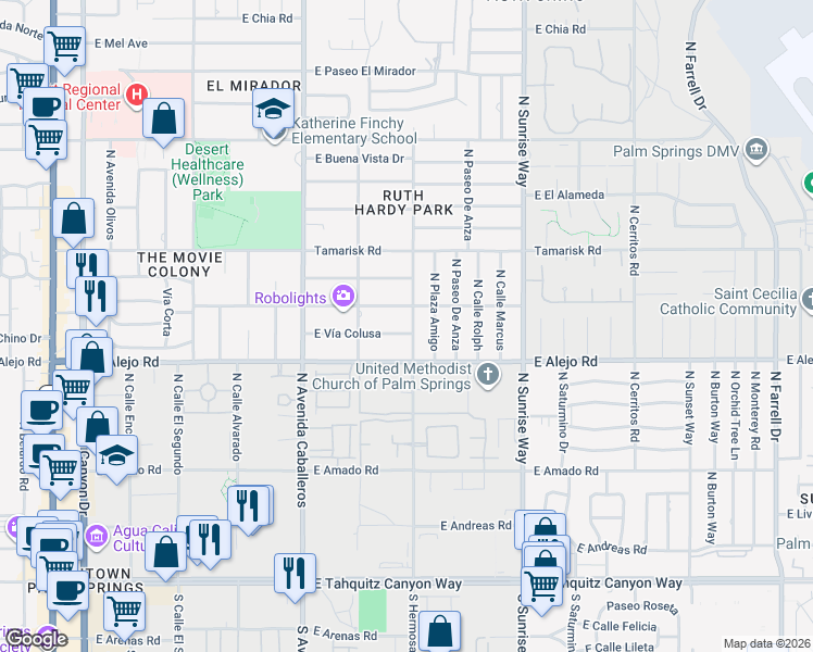 map of restaurants, bars, coffee shops, grocery stores, and more near 1151 East Vía Colusa in Palm Springs