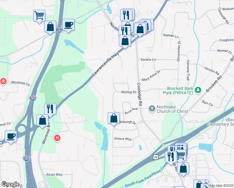 map of restaurants, bars, coffee shops, grocery stores, and more near 3633 Bishop Drive in Tucker