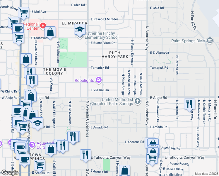 map of restaurants, bars, coffee shops, grocery stores, and more near 1150 East Vía Colusa in Palm Springs