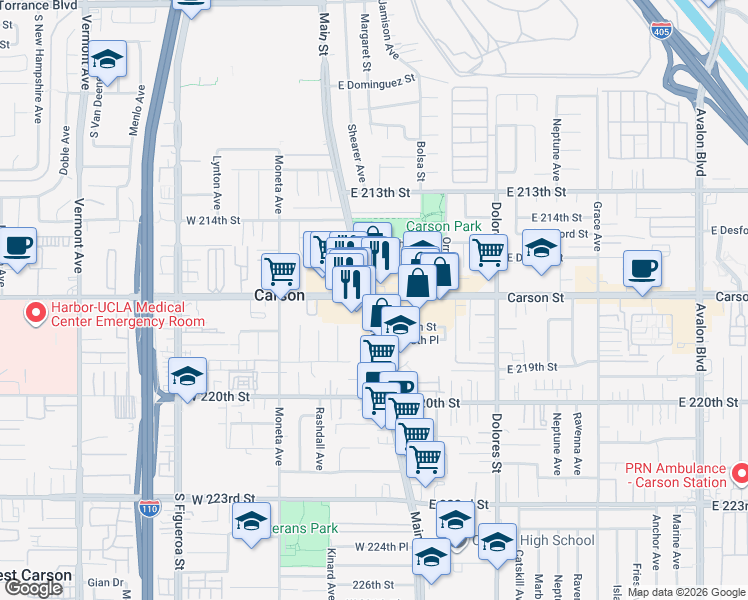 map of restaurants, bars, coffee shops, grocery stores, and more near 2 East Carson Street in Carson