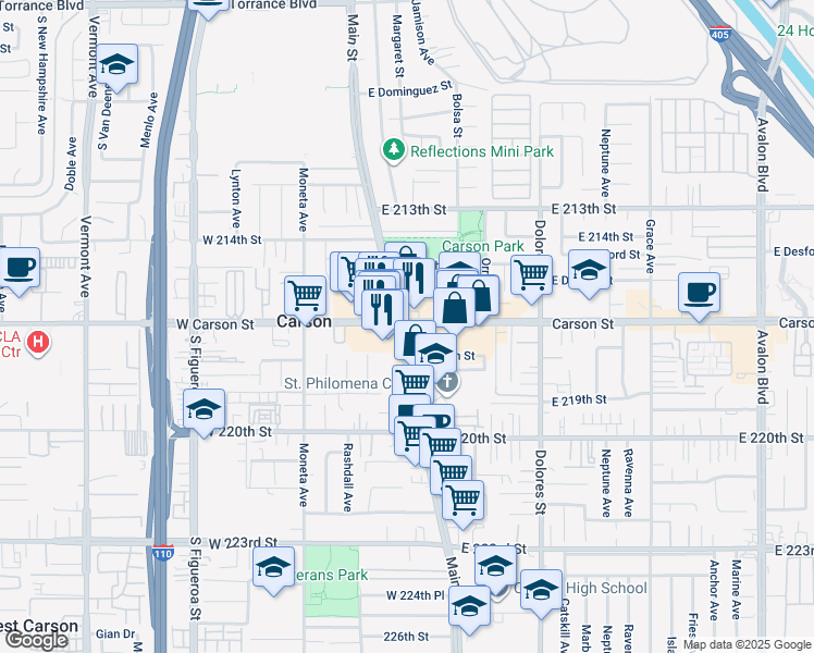 map of restaurants, bars, coffee shops, grocery stores, and more near 2 Carson Street in Carson