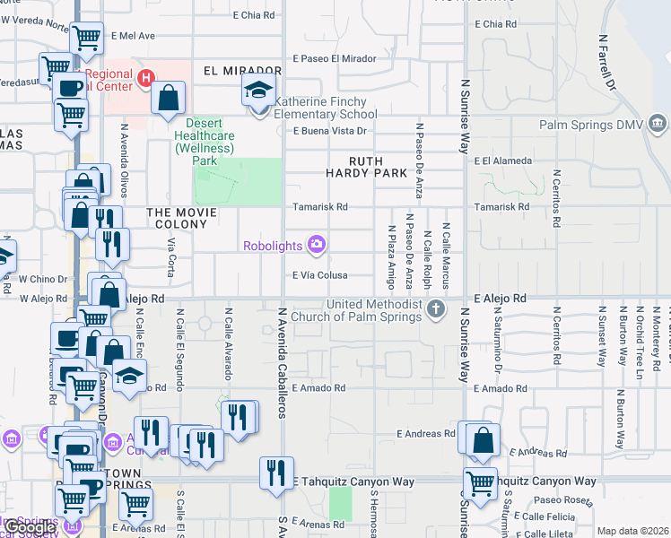 map of restaurants, bars, coffee shops, grocery stores, and more near 550 North Arquilla Road in Palm Springs