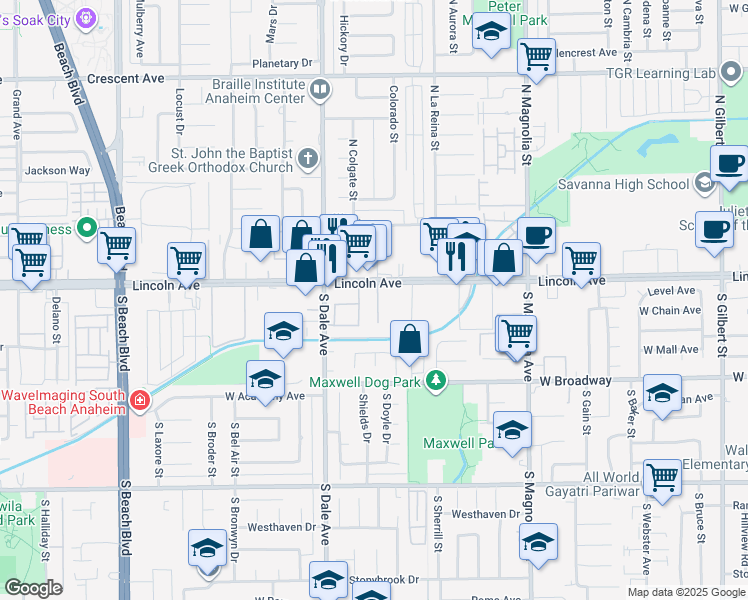 map of restaurants, bars, coffee shops, grocery stores, and more near 2760 West Lincoln Avenue in Anaheim
