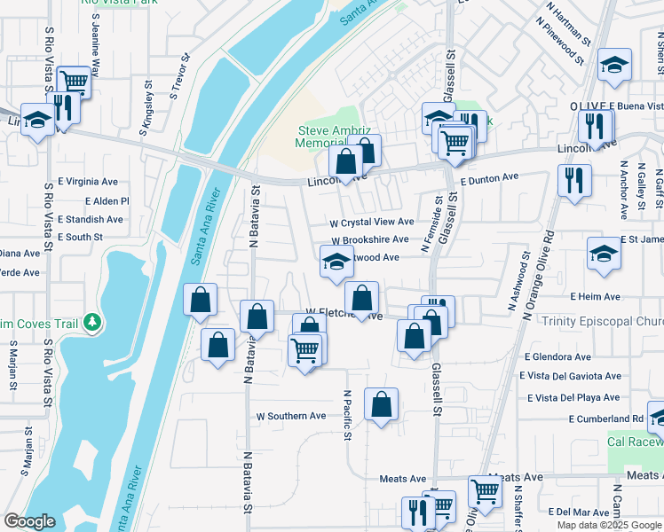 map of restaurants, bars, coffee shops, grocery stores, and more near 524 North Pampas Street in Orange