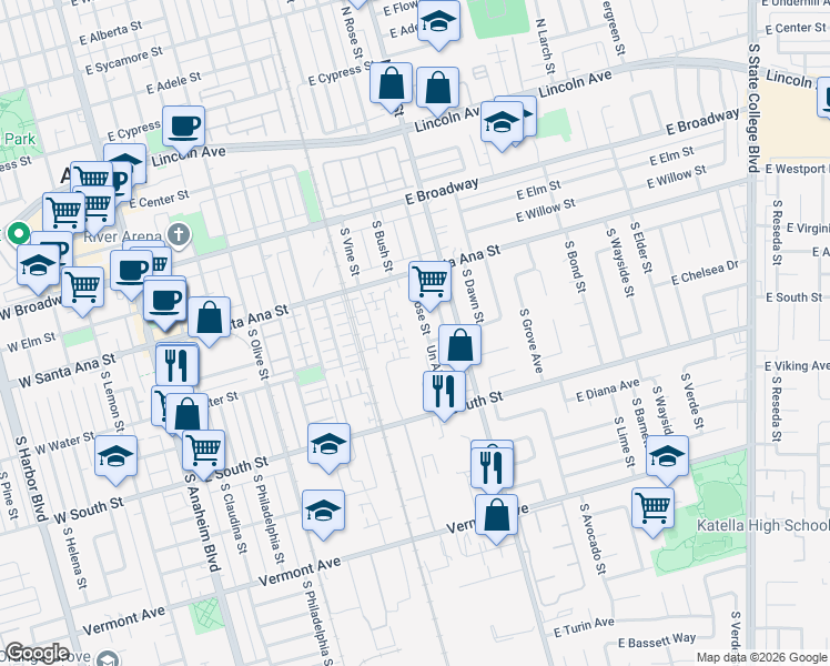 map of restaurants, bars, coffee shops, grocery stores, and more near 553 South Rose Street in Anaheim