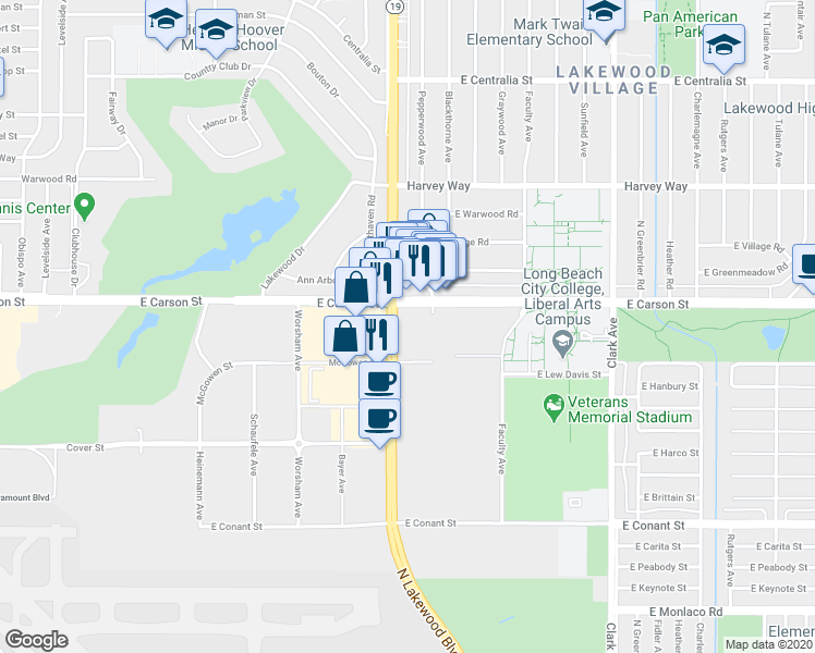 map of restaurants, bars, coffee shops, grocery stores, and more near 4060 North Lakewood Boulevard in Long Beach