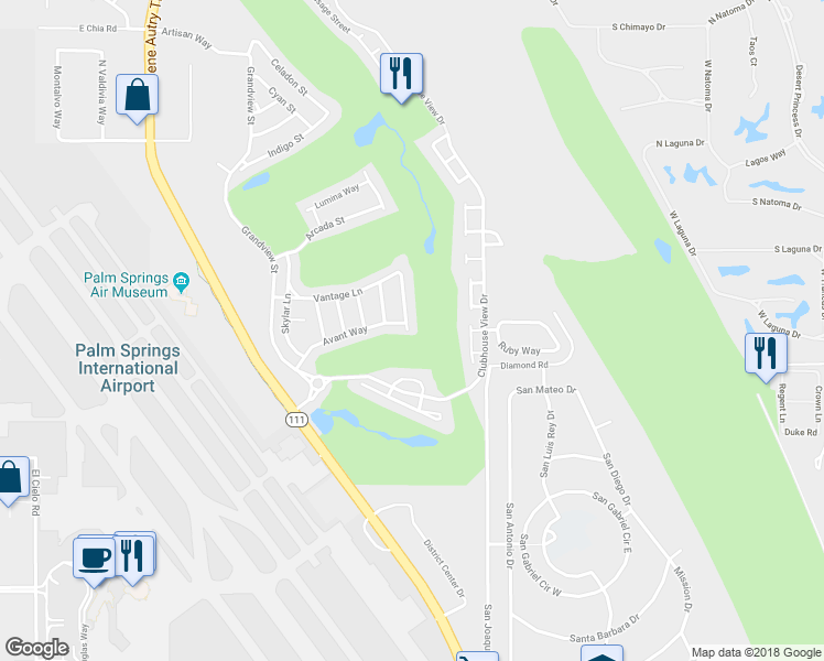 map of restaurants, bars, coffee shops, grocery stores, and more near 600 Equinox Way in Palm Springs