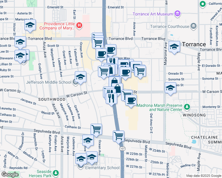 map of restaurants, bars, coffee shops, grocery stores, and more near Hawthorne Boulevard & West Carson Street in Torrance