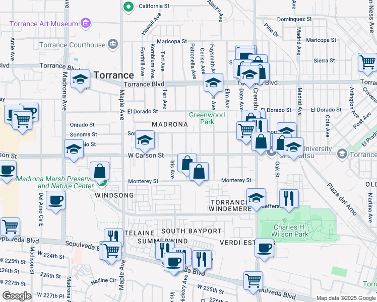 map of restaurants, bars, coffee shops, grocery stores, and more near 1644 Hickory Avenue in Torrance