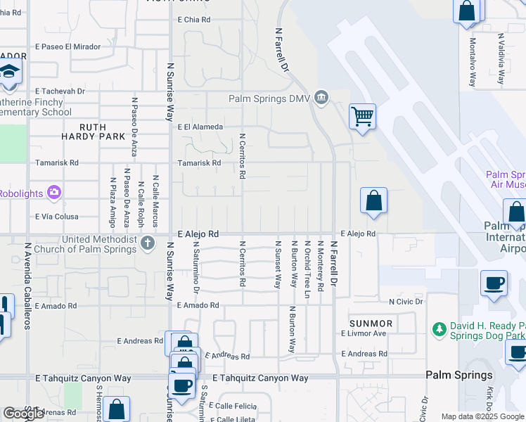 map of restaurants, bars, coffee shops, grocery stores, and more near 544 North Cantera Circle in Palm Springs