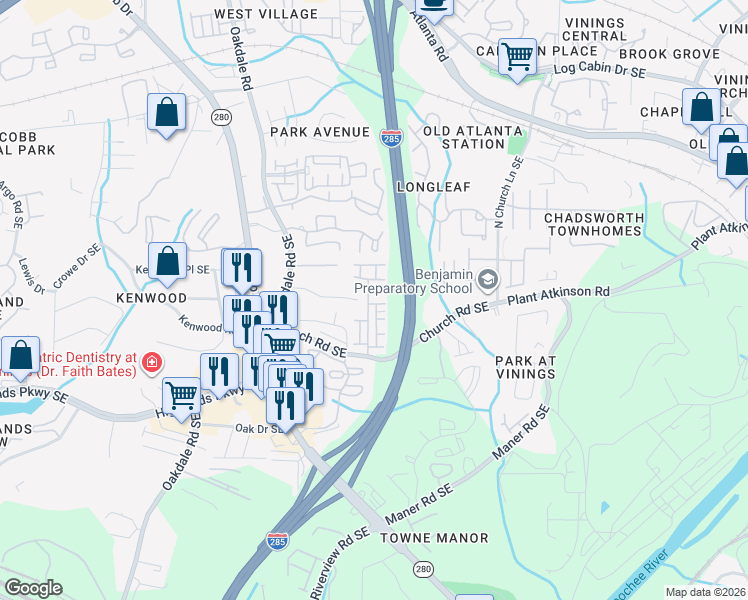 map of restaurants, bars, coffee shops, grocery stores, and more near 2358 Whiteoak Way Southeast in Smyrna