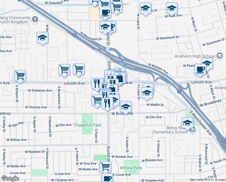 map of restaurants, bars, coffee shops, grocery stores, and more near 216 South Euclid Street in Anaheim