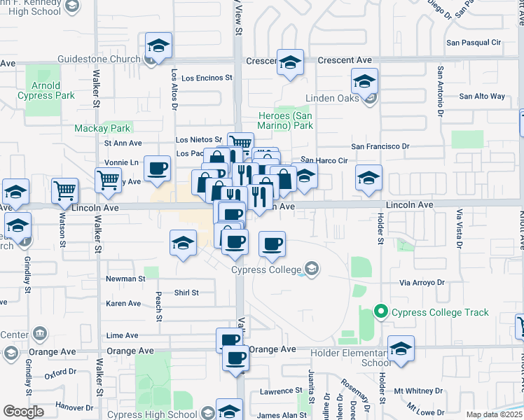 map of restaurants, bars, coffee shops, grocery stores, and more near 6058 Lincoln Avenue in Cypress