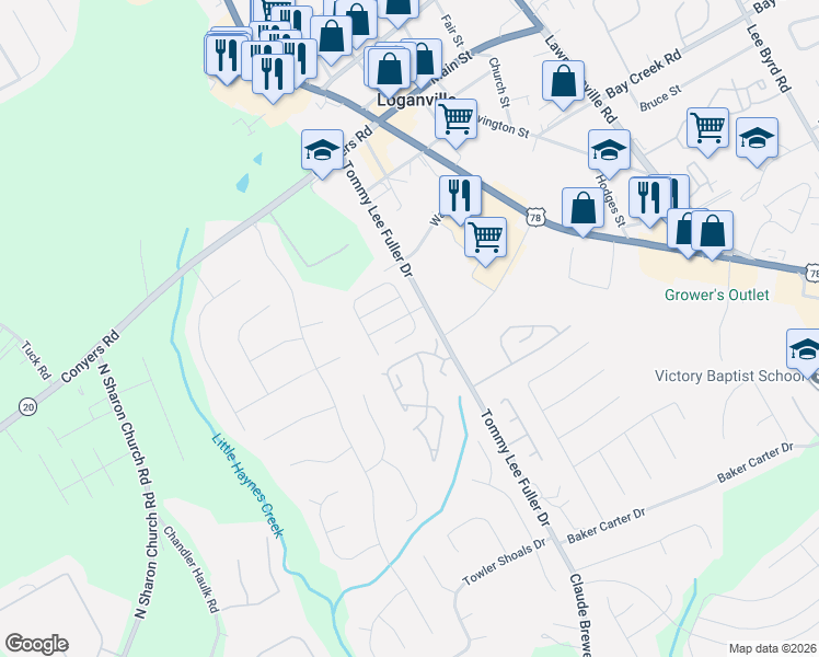 map of restaurants, bars, coffee shops, grocery stores, and more near 974 Village View Circle in Loganville
