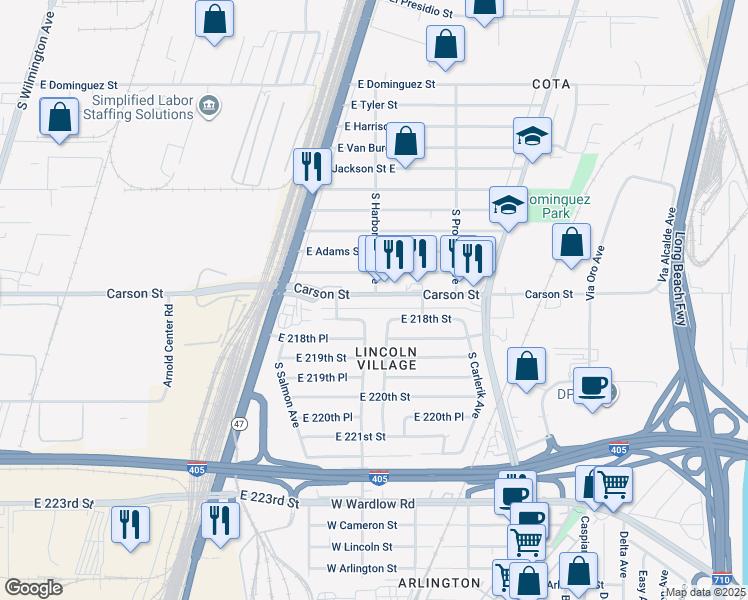 map of restaurants, bars, coffee shops, grocery stores, and more near 2598 East Carson Street in Carson
