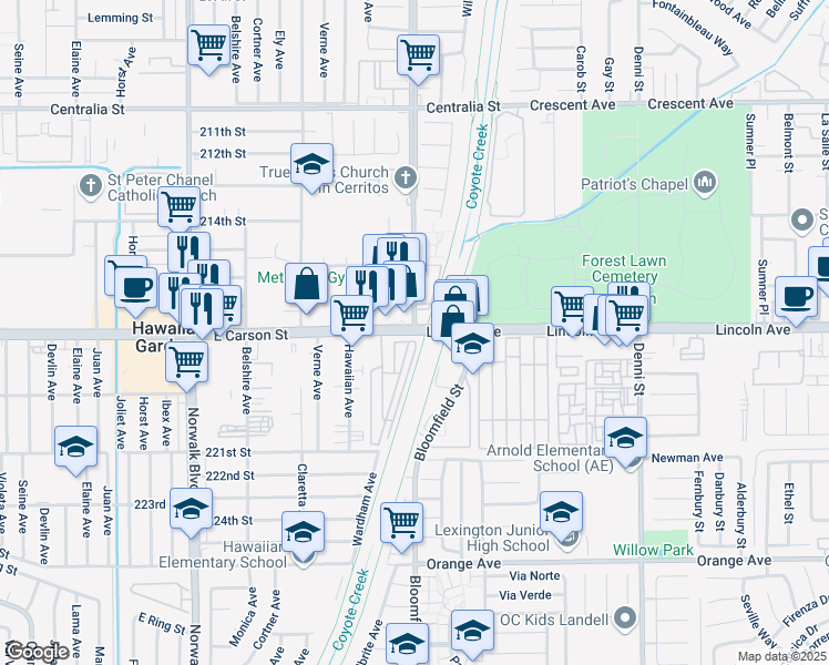 map of restaurants, bars, coffee shops, grocery stores, and more near Bloomfield Avenue & Carson Street in Hawaiian Gardens