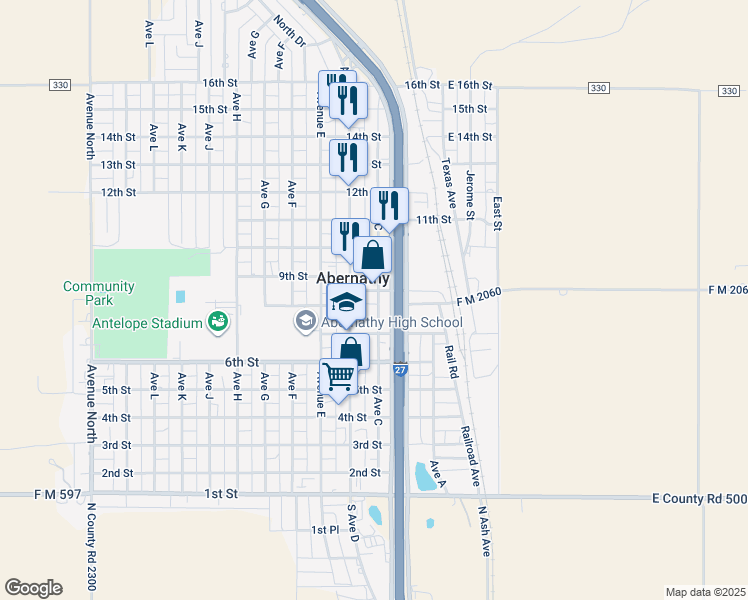 map of restaurants, bars, coffee shops, grocery stores, and more near 714 Avenue D in Abernathy