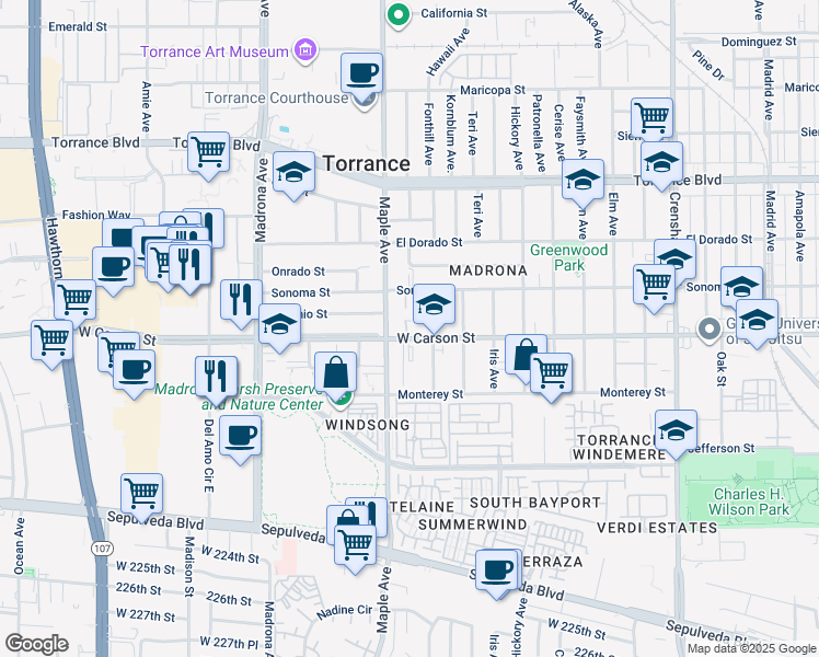 map of restaurants, bars, coffee shops, grocery stores, and more near 2935 West Carson Street in Torrance