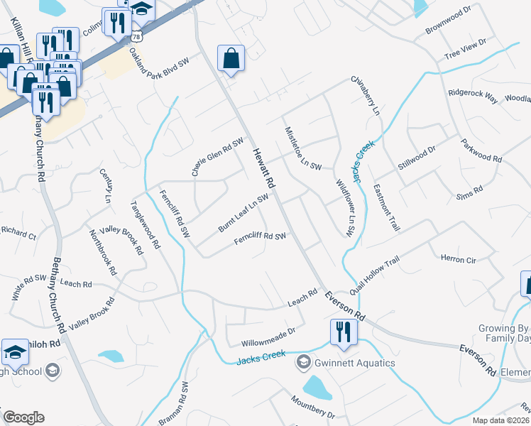 map of restaurants, bars, coffee shops, grocery stores, and more near 2544 Holly Berry Trail Southwest in Snellville