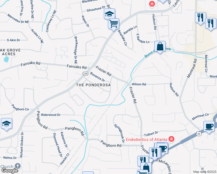 map of restaurants, bars, coffee shops, grocery stores, and more near 2972 Ponderosa Circle in Decatur
