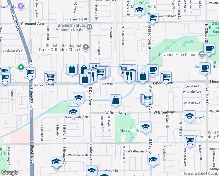 map of restaurants, bars, coffee shops, grocery stores, and more near 2 West Lincoln Avenue in Anaheim