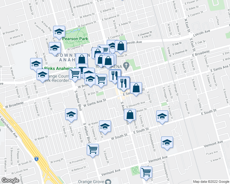 map of restaurants, bars, coffee shops, grocery stores, and more near 425 South Anaheim Boulevard in Anaheim