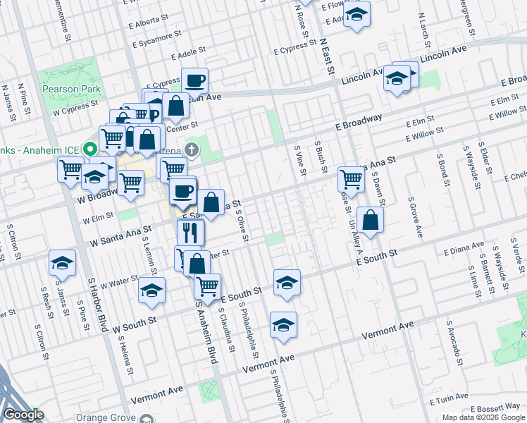 map of restaurants, bars, coffee shops, grocery stores, and more near 522 South Melrose Street in Anaheim