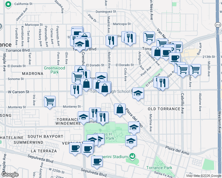 map of restaurants, bars, coffee shops, grocery stores, and more near 2325 West Carson Street in Torrance