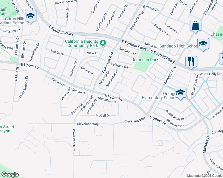 map of restaurants, bars, coffee shops, grocery stores, and more near 3682 Grovedale Street in Corona