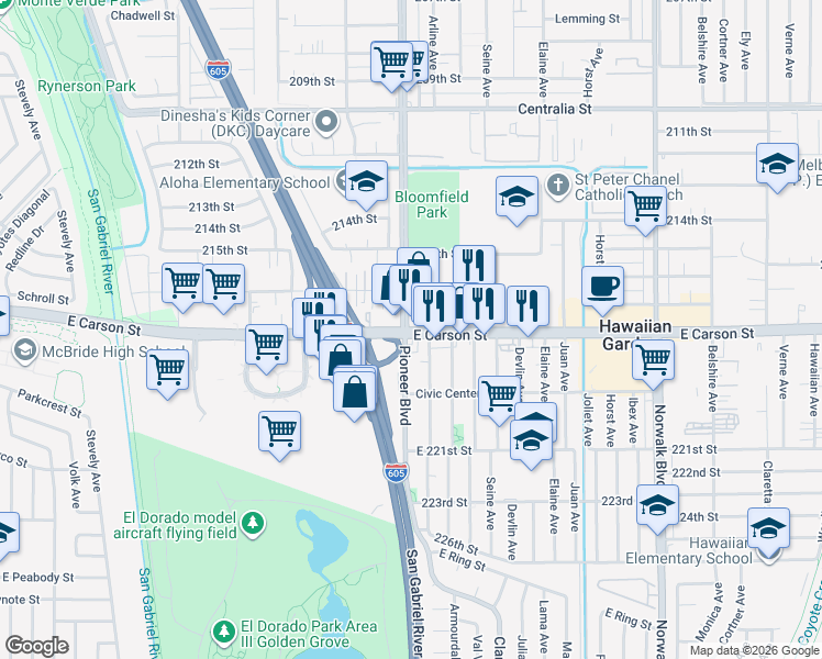 map of restaurants, bars, coffee shops, grocery stores, and more near 11804 East Carson Street in Hawaiian Gardens