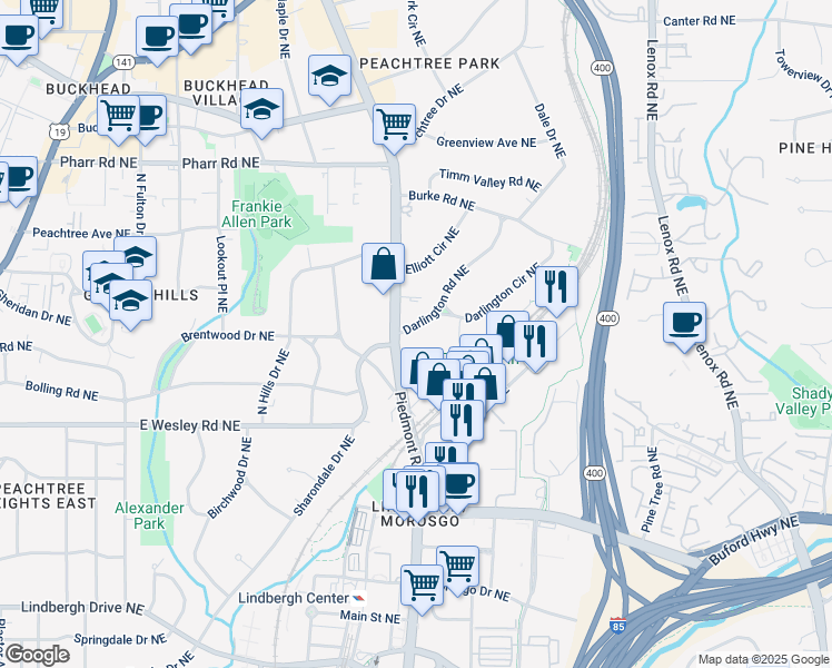 map of restaurants, bars, coffee shops, grocery stores, and more near 2799 Piedmont Road Northeast in Atlanta