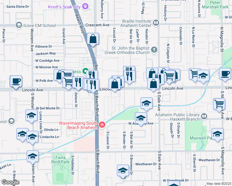 map of restaurants, bars, coffee shops, grocery stores, and more near 2900 Lincoln Avenue in Anaheim