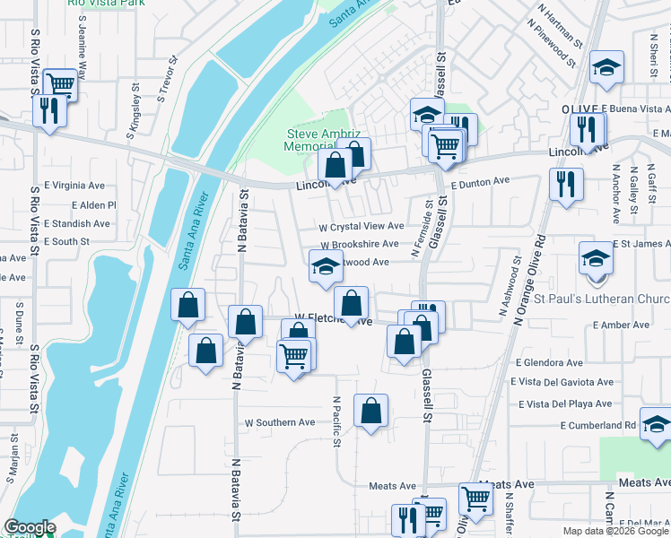 map of restaurants, bars, coffee shops, grocery stores, and more near 524 North Pampas Street in Orange