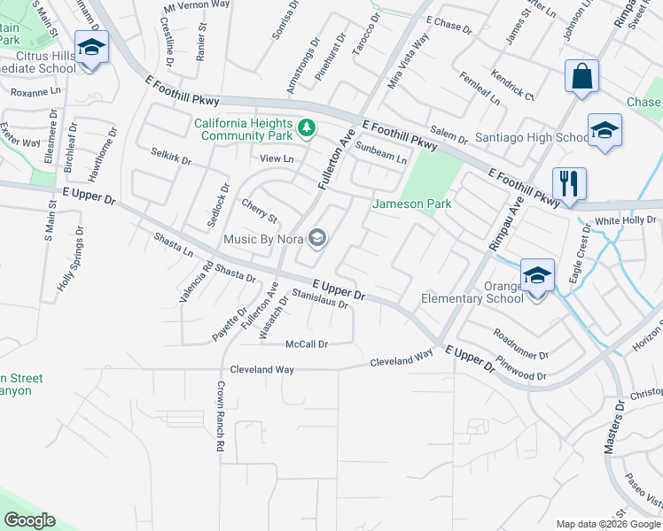map of restaurants, bars, coffee shops, grocery stores, and more near 3682 Grovedale Street in Corona