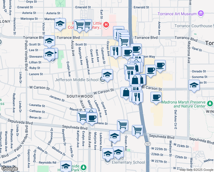 map of restaurants, bars, coffee shops, grocery stores, and more near 21717 Talisman St in Torrance