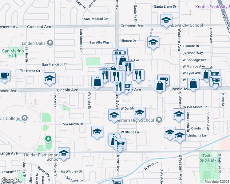 map of restaurants, bars, coffee shops, grocery stores, and more near 3436 West Lincoln Avenue in Buena Park