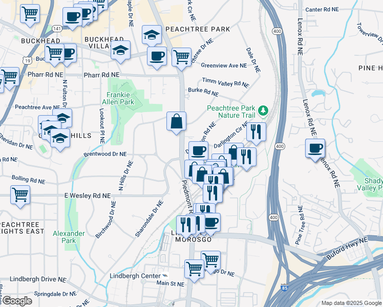 map of restaurants, bars, coffee shops, grocery stores, and more near 611 Darlington Road Northeast in Atlanta