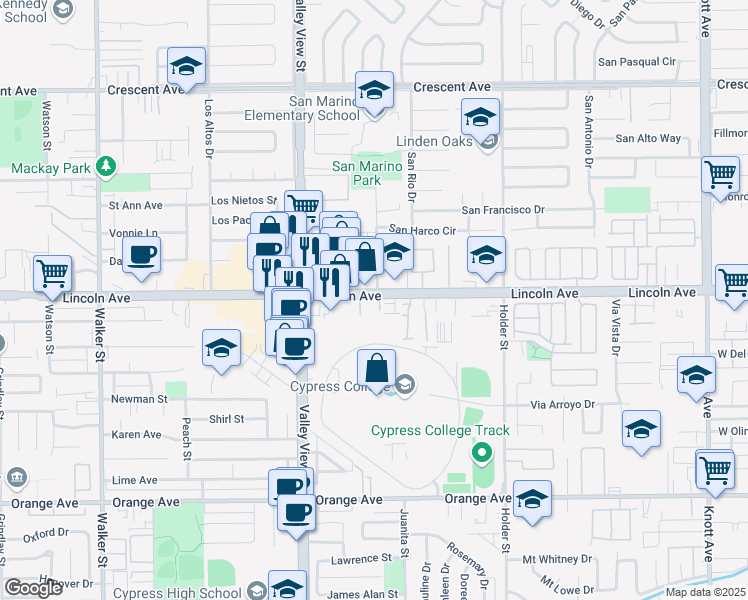 map of restaurants, bars, coffee shops, grocery stores, and more near 6164 Lincoln Avenue in Cypress