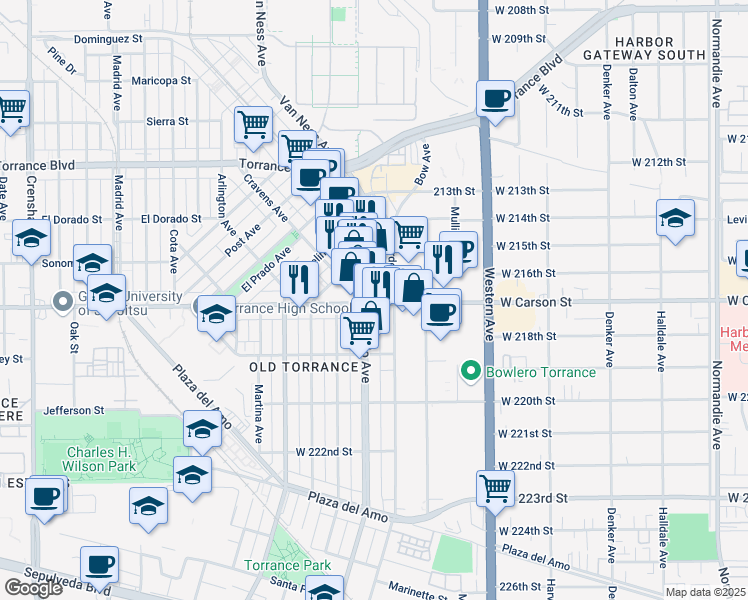 map of restaurants, bars, coffee shops, grocery stores, and more near 1879 West Carson Street in Torrance