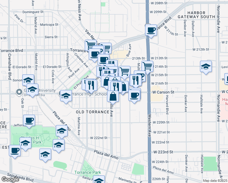 map of restaurants, bars, coffee shops, grocery stores, and more near 1879 West Carson Street in Torrance